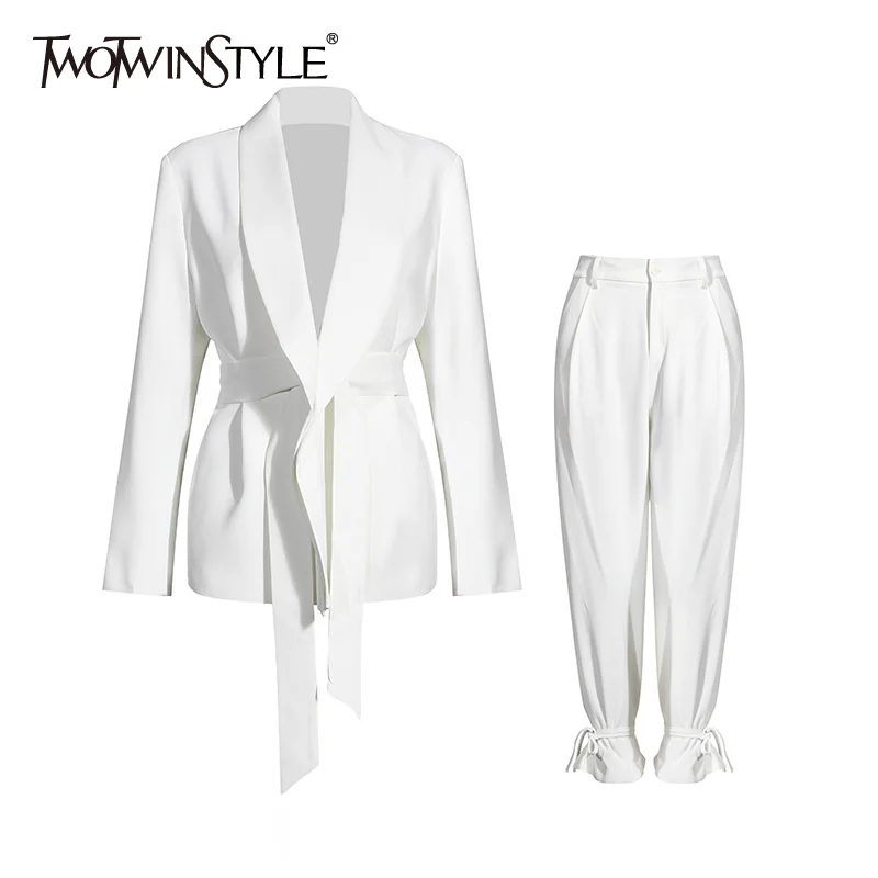 Blazer Leg-Pants Two-Piece-Set TWOTWINSTYLE Long-Sleeve White Wide Casual Women Female