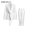 TWOTWINSTYLE Casual White Two Piece Set For Women V Neck Long Sleeve Blazer High Waist Wide Leg Pants Korean Sets Female 2022 ► Photo 1/6