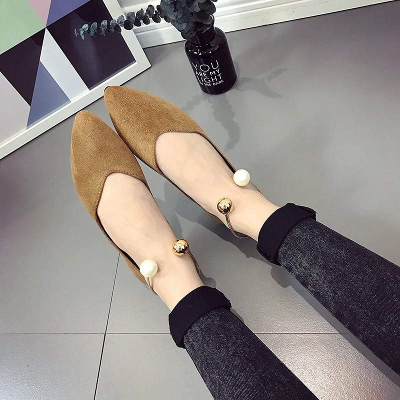 

2018 Spring New Style Pearl Flat Pointed WOMEN'S Shoes Suede Shallow Mouth Single Shoes Solid Color Breathable Flat Heel Shoes F