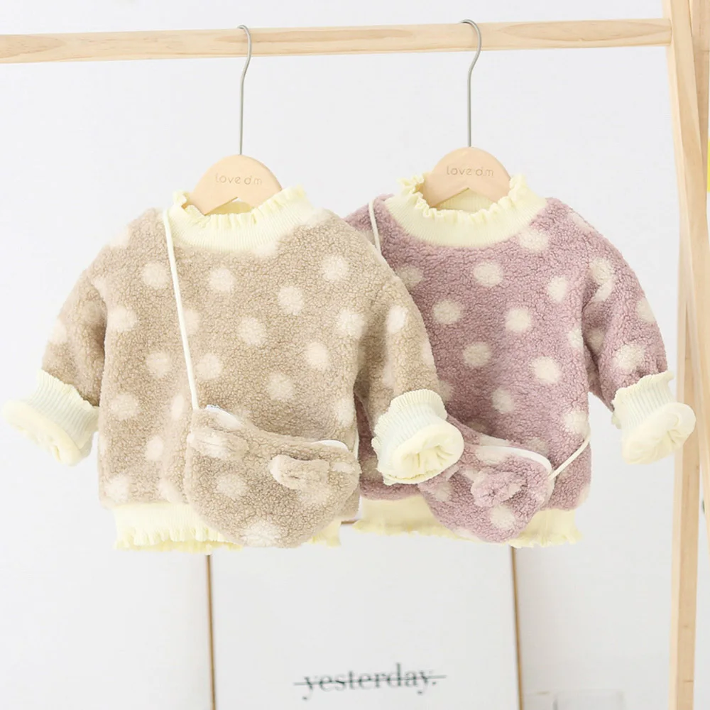 AmyaBaby/свитер для младенцев; бархатные толстовки в горошек для маленьких девочек; модная детская одежда; толстовки с сумкой для малышей