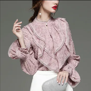 

Spring Women Blouse Long Flare Sleeve Pink Ruffles Blouses Elegant OL Casual Tassels Tops Ladies Party Floral Blouse NS771