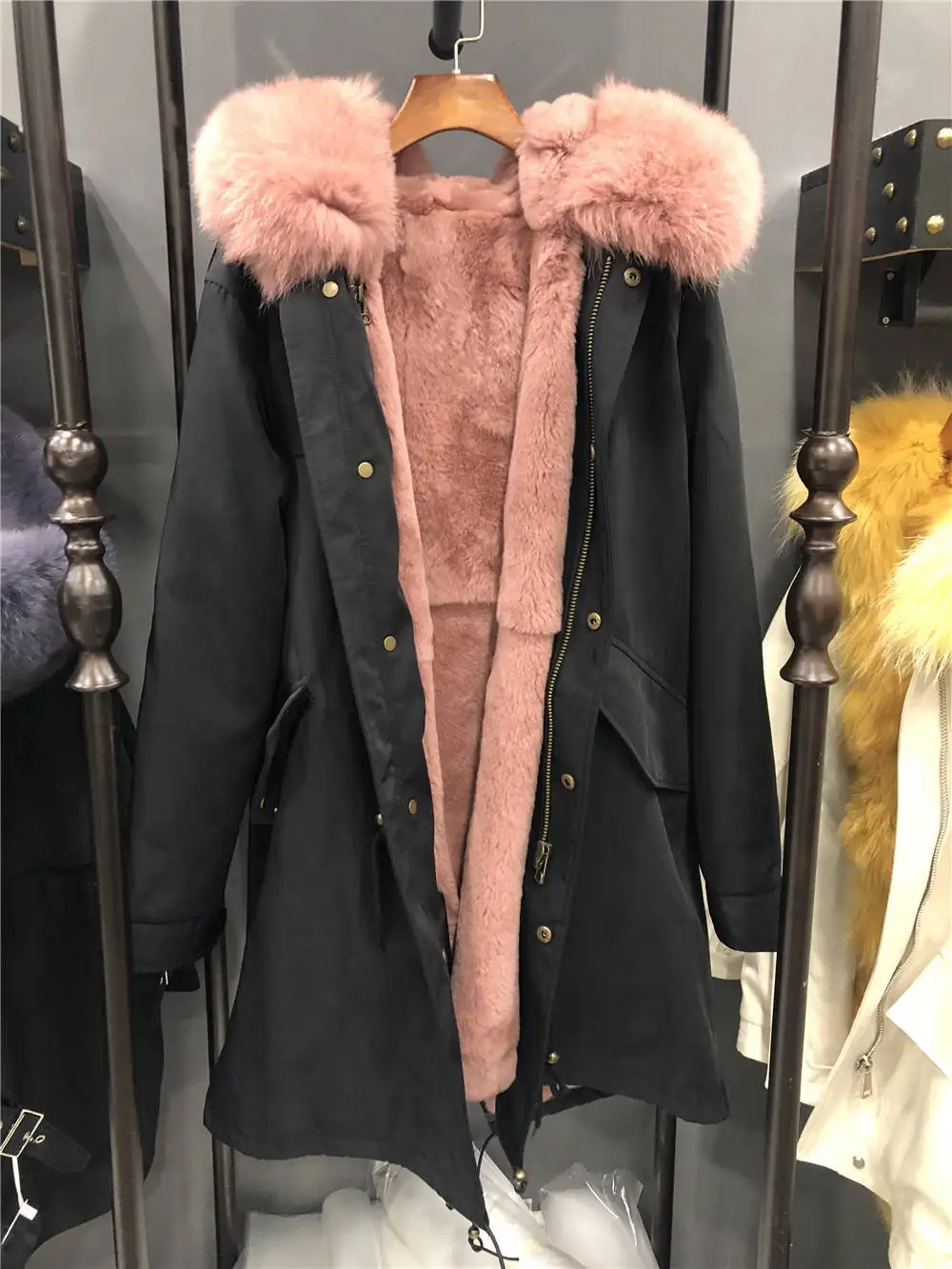 Pale Pink Женская зимняя парка с воротником из натурального Лисьего меха, теплая верхняя одежда с подкладкой из настоящего кролика, модная длинная стильная куртка S7577 - Цвет: Pale Pink