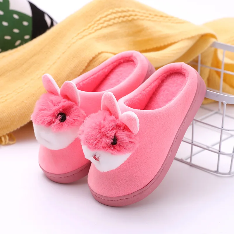 Cute Bunny Rabbit Ears Baby Home Shoes Winter Warm Plush Children Slippers Boys Girls Cartoon Non-slip Indoor Cotton Flip Flops - Цвет: Watermelon Red