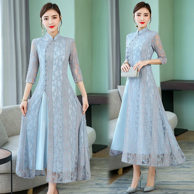 lace mesh female evening party gown elegant bridesmaid dress vestidos improved embroidery cheongsam qipao women aodai - Цвет: color8