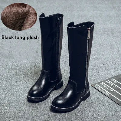 Black long plush Детские сапоги для девочек; сапоги из натуральной кожи; сапоги до колена для детей; зимние сапоги с боковой молнией; Ботинки martin; Теплая обувь принцессы - Цвет: Black long plush