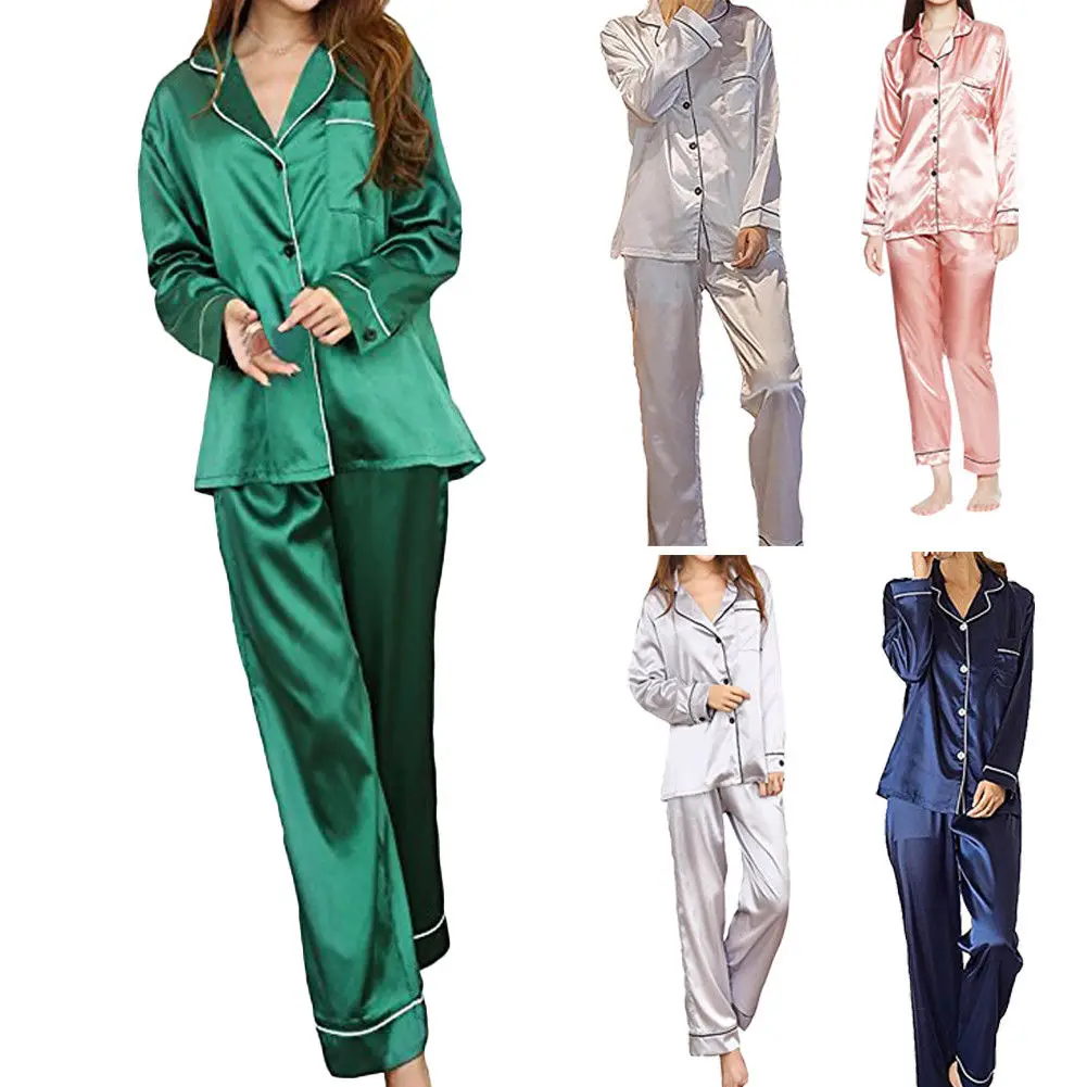 Женский Шелковый Атласный пижамный комплект, Пижама, Ночная одежда, домашняя одежда, одноцветная удобная мягкая Высококачественная Пижама