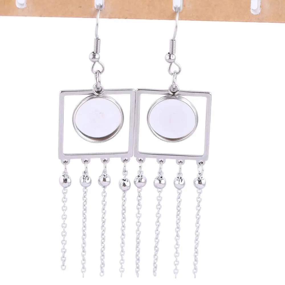 6pcs stainless steel dangle tassel square earring base settings fit 12mm cabochon bezel blanks diy earrings making supplies | Украшения и