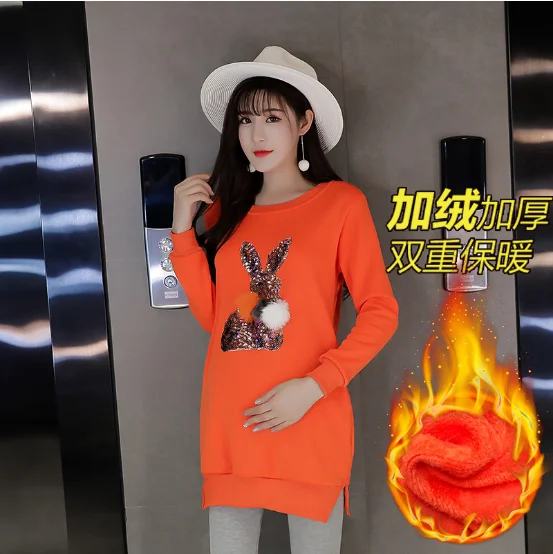 Orange plus velvet Толстовка средней длины с капюшоном Осенняя коллекция одежды для беременных и зимняя одежда бархатная толстовка с капюшоном вырез лодочкой с блестками пушистый шар для беременных женщин - Цвет: Orange plus velvet