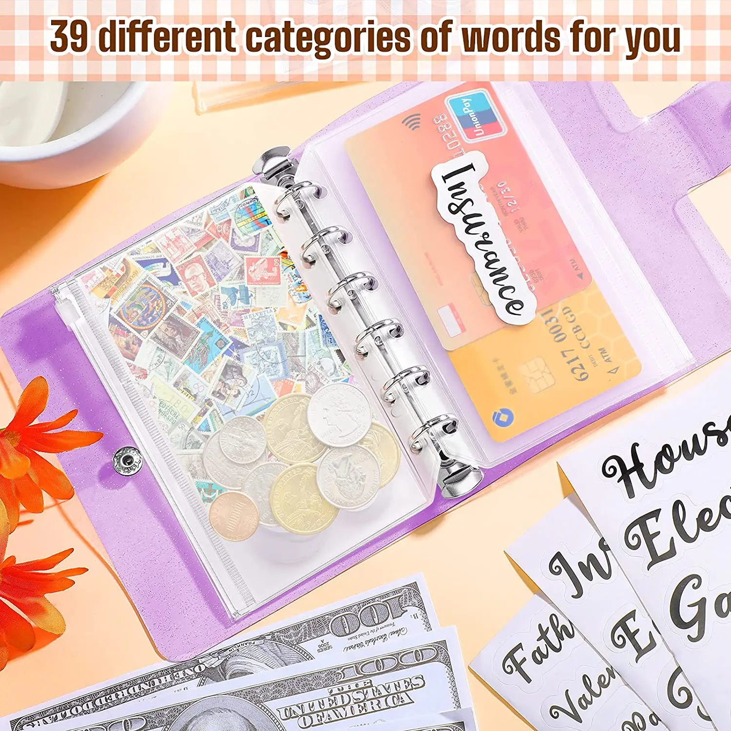 부드러운 PVC 6 링 바인더 커버, 미니 바인더 지퍼 포켓 12 개, 현금 봉투 스티커 2 장, 예산플래너용, A7, 15 개