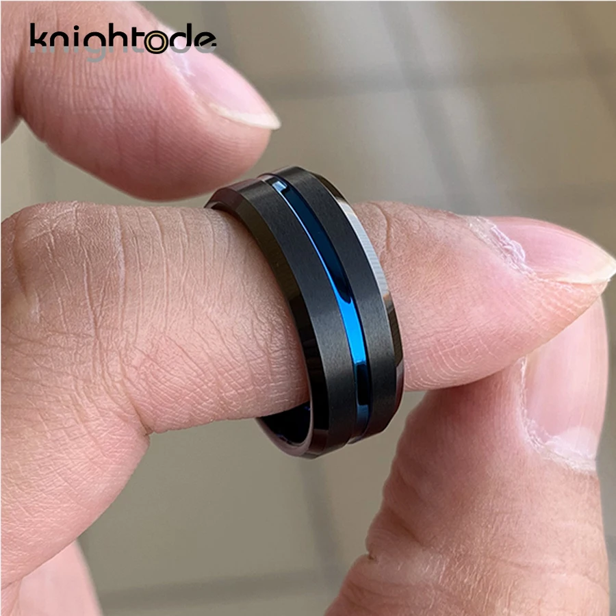 8mm Blue Wedding Ring Men Women Black Tungsten Carbide Engagement Rings Satin Grooved Beveled Comfort Fit