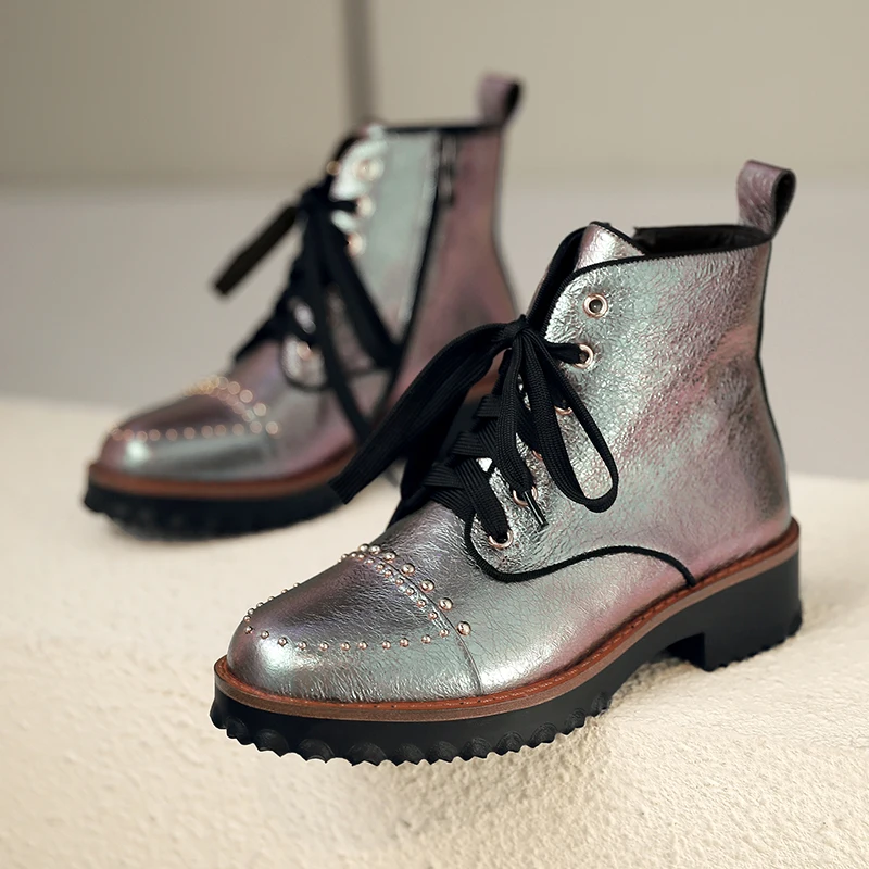 

Plus size 42 women's genuine leather flats short ankle boots leisure punk martin boots Metallic colors Motorcycle boots shoes