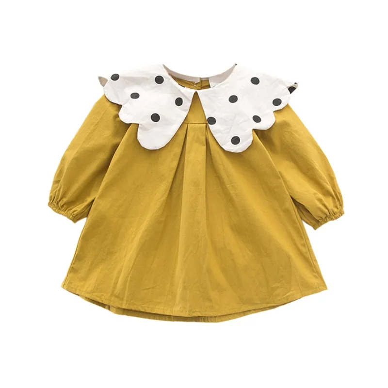 

Baby Girls Long Sleeve Round Neck Dots Collar Solid Color Princess Skirt High Waist Dress