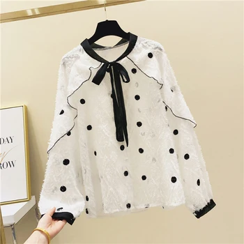 

Lace-up Bow Polka Dot Ruffle Flocked Chiffon Shirt Women's 2020 Spring and Summer Long Sleeve Shirt Blusas Mujer De Moda 2020