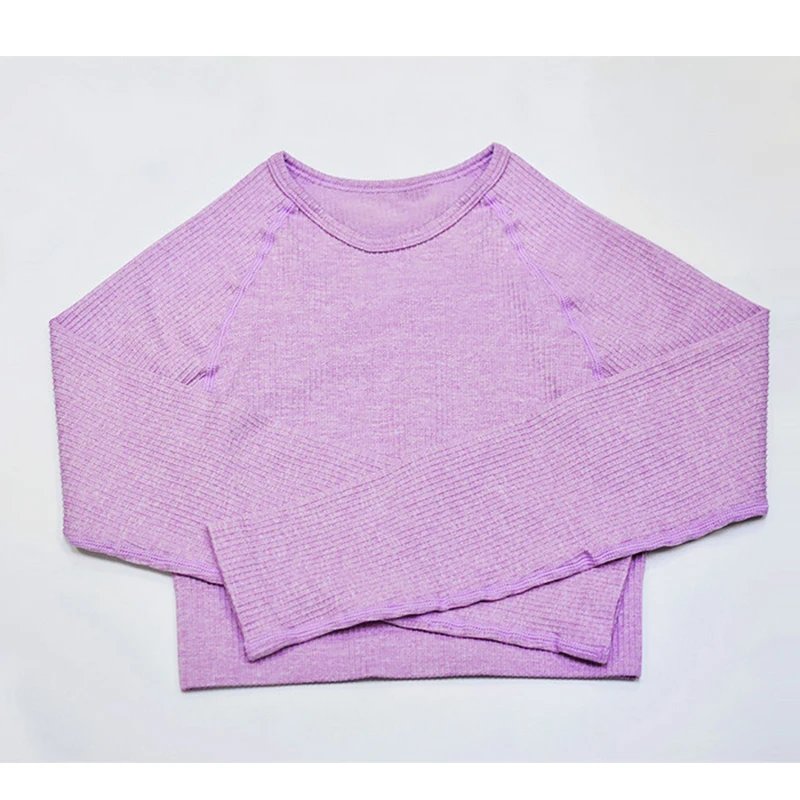 Цветные Сексуальные ребристые бесшовные топы для занятий йогой и фитнесом, женские облегающие однотонные футболки с длинными рукавами - Цвет: Lilac