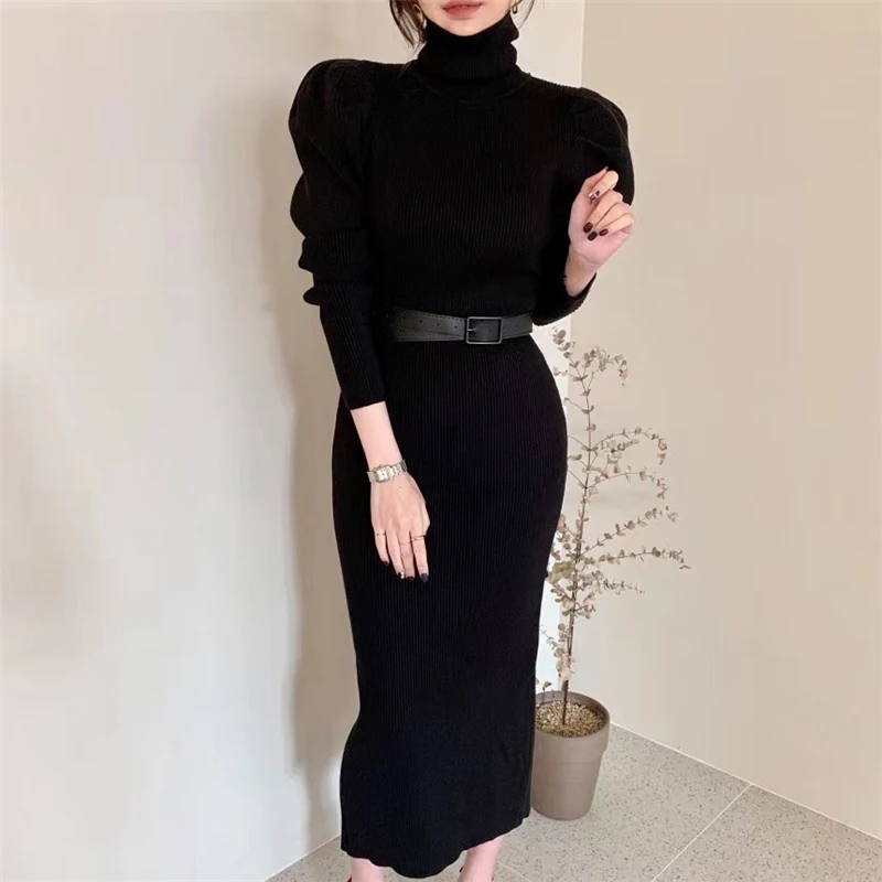dresses women 2020 autumn winter korean clothes elegant turtleneck long sleeve black bodycon long dress sweater dress vestidos