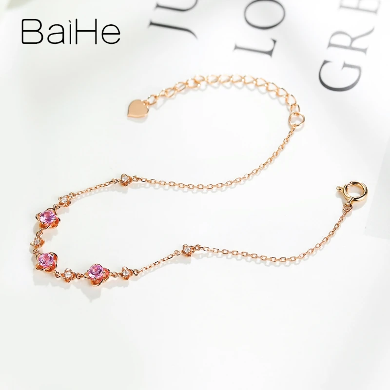 BAIHE Solid 18K розовое золото 0.40ct круглая огранка натуральный розовый сапфир 0.05ct бриллиант ювелирные украшения красивый цветок подарок браслет
