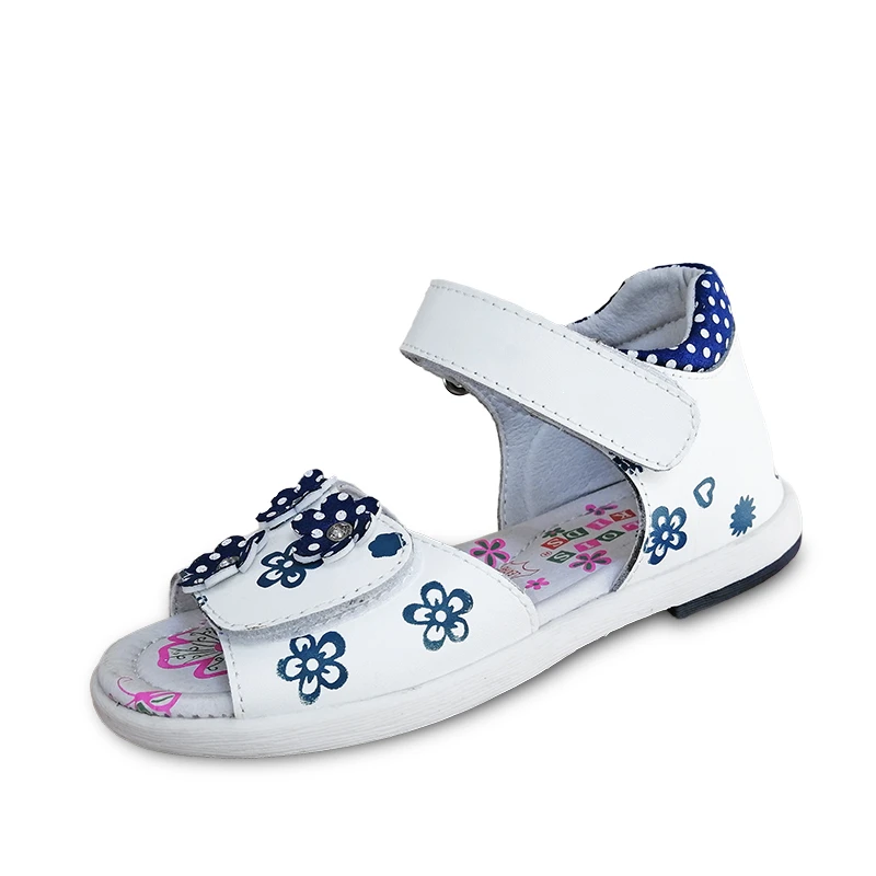 Хорошее качество 1 пара Цветок натуральная кожа ортопедическая обувь летние детские кожаные сандалии для девочек детские сандалии - Цвет: Синий