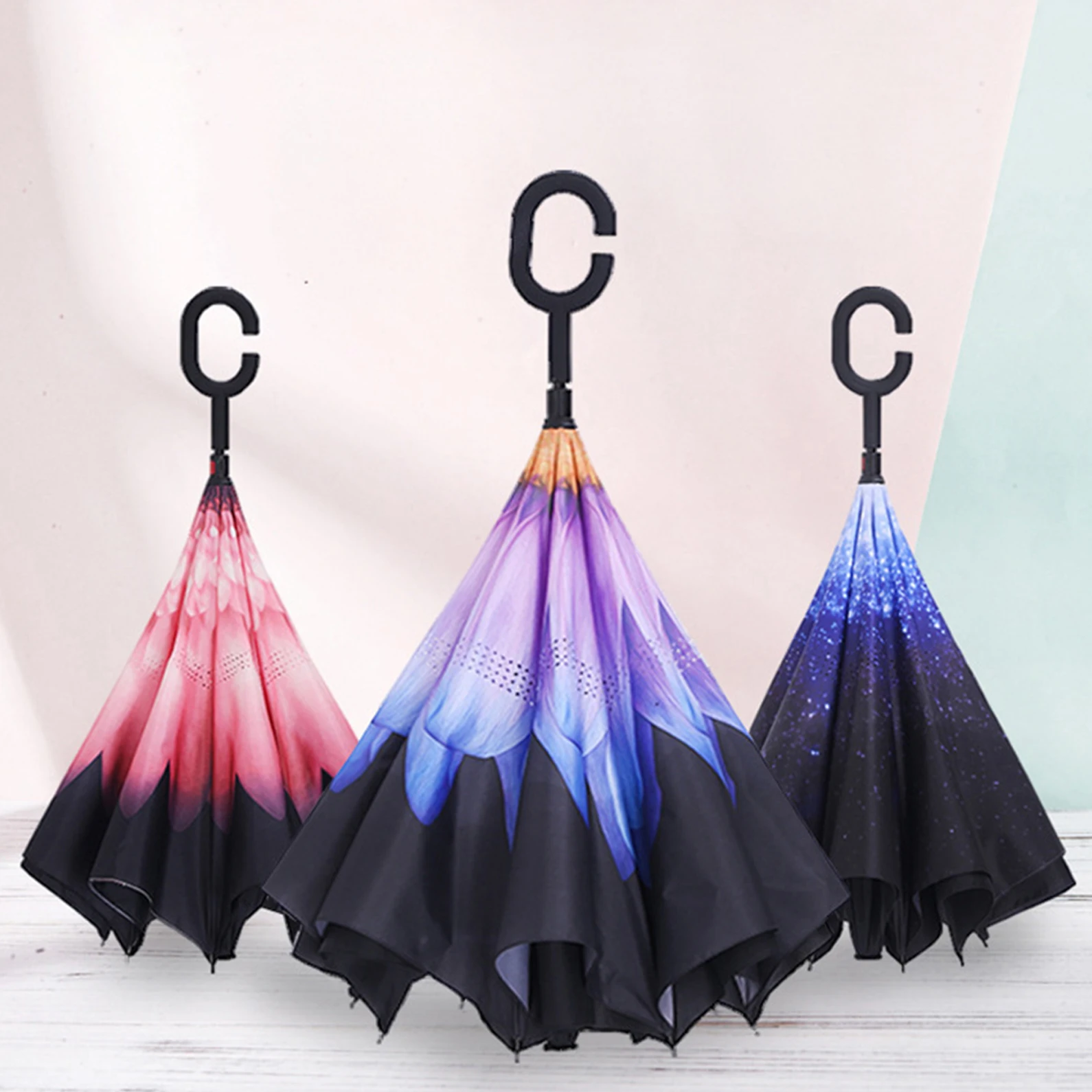 

Two styles Free double-layer reverse umbrella reverse on the umbrella straight rod non-wet umbrella weatherproof umbrella