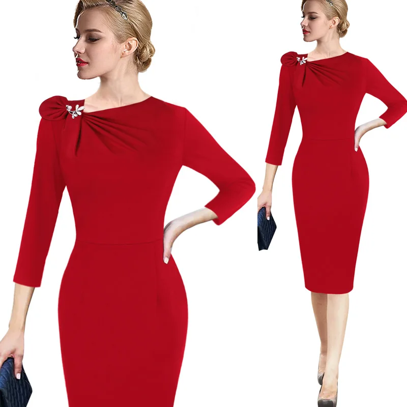 Vfemage, женское осеннее элегантное Плиссированное асимметричное платье с бантом, с 3/4 рукавом, облегающее, для работы, офиса, бизнеса, коктейльное, вечерние, облегающее платье, 18333 - Цвет: Red