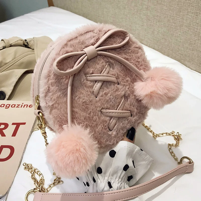 Round Faux Fur Cute Pu Leather Fashion Women Shoulder Bag Crossbody Bag Purses and Handbags Femael Bolsa Tote Bag Clutch Bag