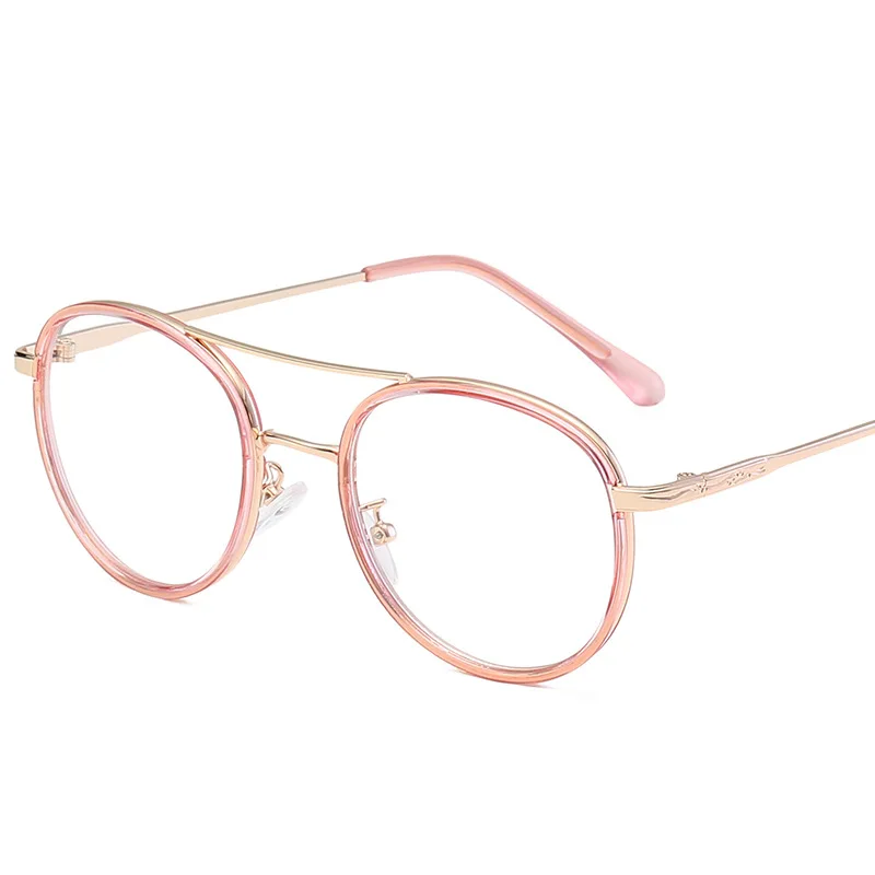 Retro Round Glasses Frame Men Women Double Beam Design Optical Prescription Spectacle Female Trendy Big Frames Eyeglasses Unisex - Цвет оправы: Pink