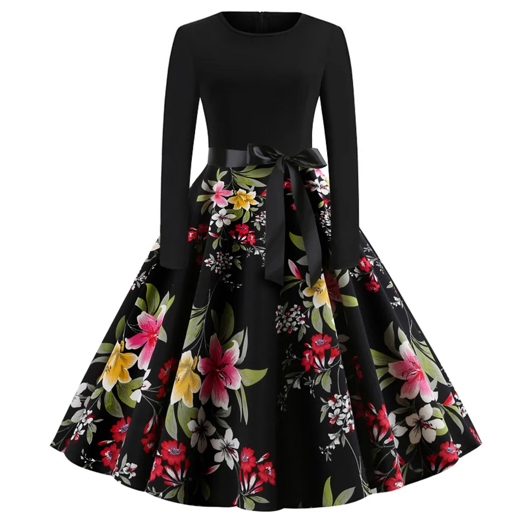 LAUZUOLA, платье с цветочным принтом, винтажное, женское, длинный рукав, 50 S, 60 S, элегантное, Vestido,, весна, зима, платья для вечеринок, pin up, черное, шикарное - Цвет: JY13257