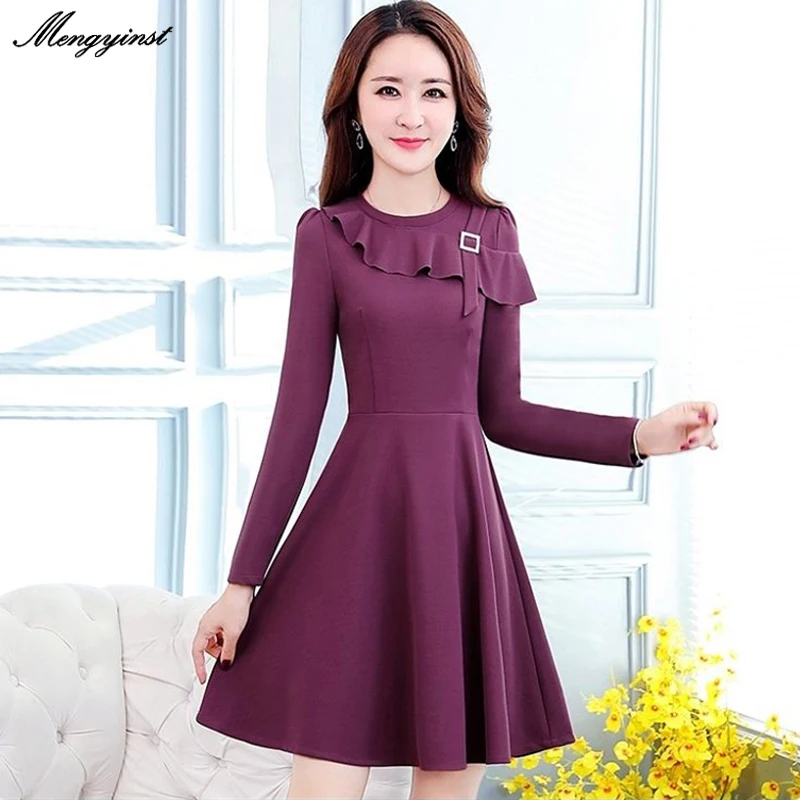 

Ruffles O-neck Sexy Dress For Women 2020 Female Fashion Knee Length Office Lady Long Sleeve Wear Slim Dresses Elegant Vestidos