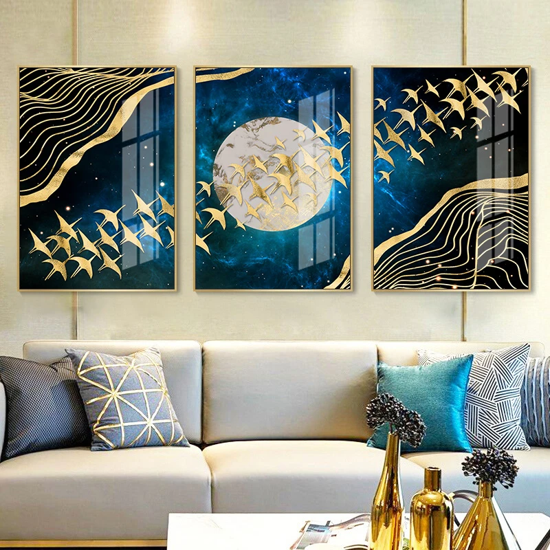 Abstract Moon Wall Art Canvas Painting Golden Mountain Birds Nordic Posters and Prints Pictures for Living Room Home Decor | Дом и сад