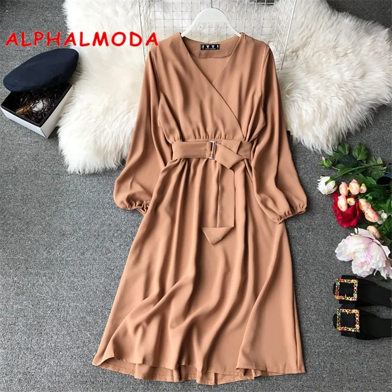 

ALPHALMODA Autumn Long-sleeved Sashes Office Ladies New Casual Chiffon Dress High Waist V-neck Solid Female Mid-calf Vestidos