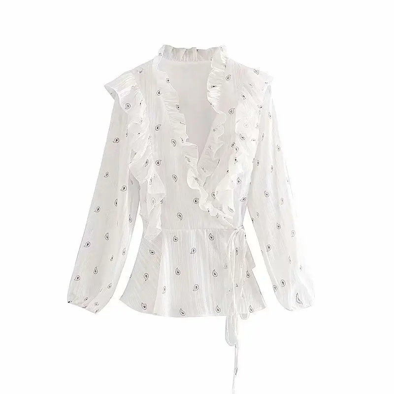 Blouses Woman 2019 V-neck Silver Silk Cashew Print Ruffle Shirt Women Blouse Women Modis Camisa Femenina Womens Tops and Blouses