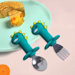2-Piece Set Baby Feeding Spoon Fork Set Cute Cartoon Dinosaur Pattern Children Training Feeding Spoon Fork Set Kids Tableware