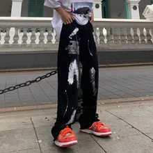 

Casual loose pants high waist hip hop vintage black piece Y2K oversized street print pocket clothes wide leg tooling size suit