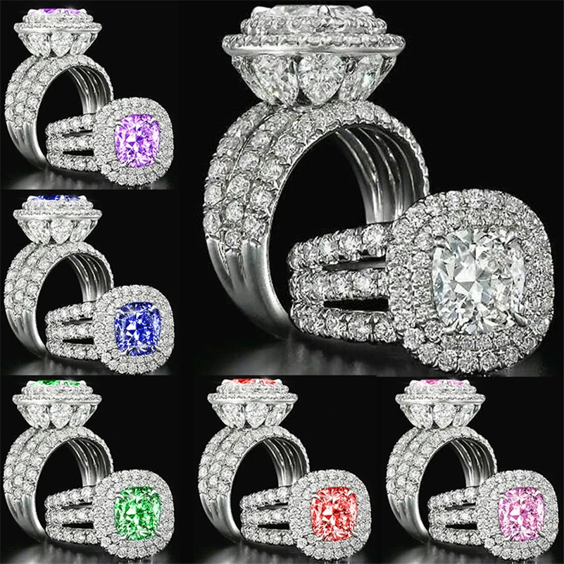 

Real S925 Sliver Diamond Rings Women Square Classic Gemstone Jewelry Wedding Gift Anillos Bizuteria Topaz Sterling Silver Ring