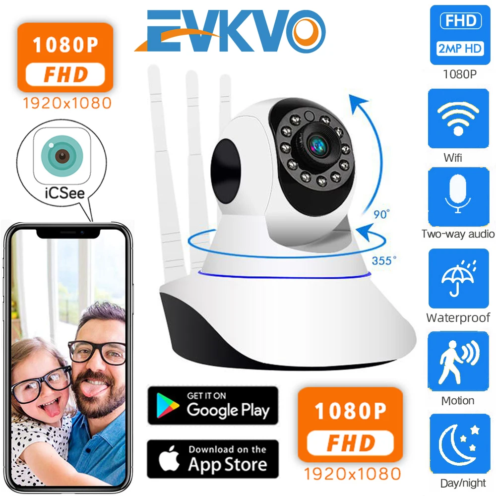 Беспроводная Wi Fi IP камера EVKVO HD 1080P Домашняя безопасность Радионяня