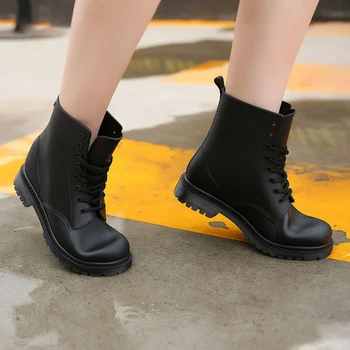 

Women Ankle Boots Black Winter Autumn Waterproof Short Rainboots Shoes Women Casual Low Heels Lace Up Warm Leather Martin Boots