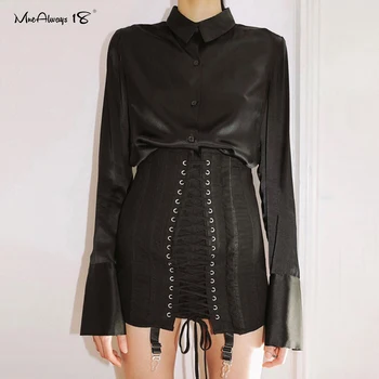 

Mnealways18 Black Satin Shirt Spring Elegant Silk Office Blouse Women Button Up Long Sleeve Shirt Ladies Casual Top Summer 2020