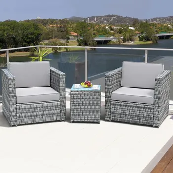 

Costway 3PCS Patio Garden Rattan Sofa Cushioned Table Conversation Set