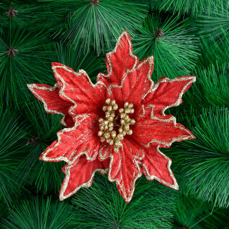 10 шт., искусственные цветы, золотой порошок, блестки, Poinsettia, украшение для дома, фестивали, декор для рождественской елки, вечерние принадлежности