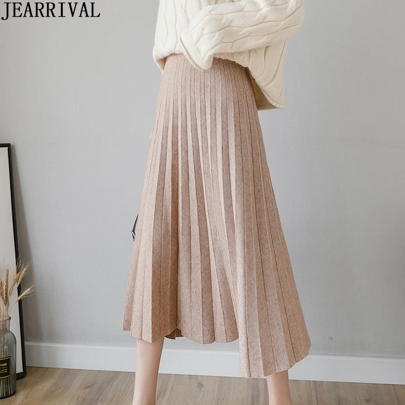 Новая зимняя женская теплая плиссированная юбка в Корейском стиле, эластичная трикотажная юбка с высокой талией, элегантная женская толстая юбка миди, Faldas Mujer