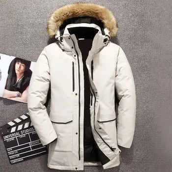 

Nature Fur Collar Winter Jacket Men 90% White Duck Down Men's Medium Long Down Jacket Casual Winter Coat Outerwear -40 Degree