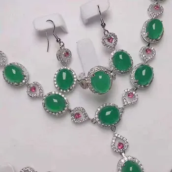 

S925 silver inlaid jade natural ice green Pendant Earrings Ring Bracelet four piece set