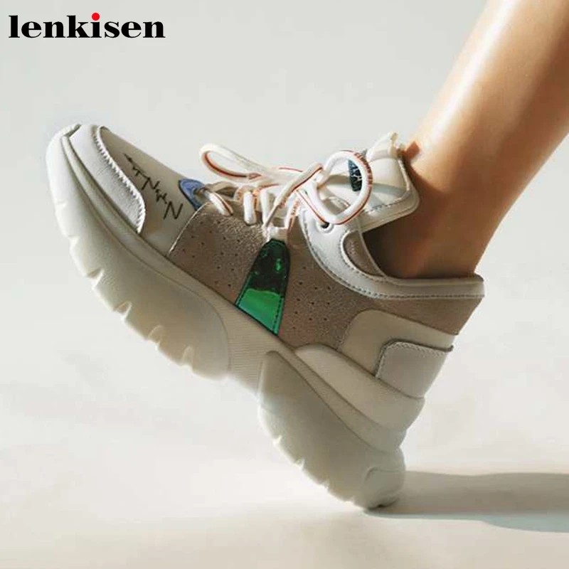 Lenkisen/смешанные цвета, коровья кожа, круглый носок, высокий толстый каблук, высокая мода, кампус, шнуровка, осенние женские вулканизированные туфли, L32