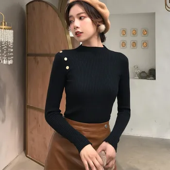 

Women Autumn Winter Button Slim Turtleneck Sweater Female Simple All-match Solid Color Knit Pullover Sweaters