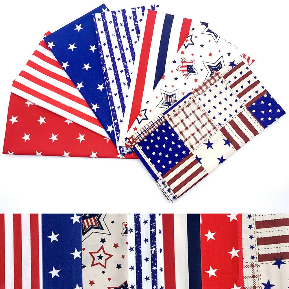 7Pcs/set Stars Stripe Printed American Flag Style 100% Cotton Twill Fabric Square Patchwork Home Textile Cloth Group Diy Sewing