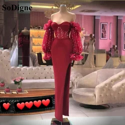 SoDigne Burgundy Mermaid Evening Dress Glitter Side Split Prom Dresses Off Shoulder Satin Evening Gowns Formal Party Dress