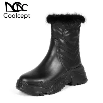 

CoolCept Genuine Leather Ankle Boots Women 2020 Winter Warm Fur Wedges Shoes Women Casual Zipper Platform Boots Size 34-40
