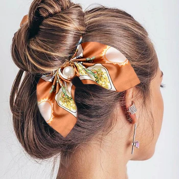 Pearl Bow Hair Accessories For Women Hair Bands Scarf Tied Ponytail Holder Headwear