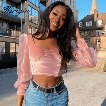 

Women Silk Velvet Blouses For Female Square Collar Puff Long Sleeve Ruched Shirts Women Fashion Clothing 2020 Tide