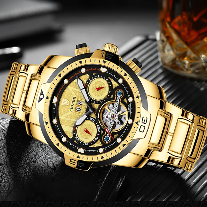 

Tevise Luxury Golden Tourbillon Skeleton Men's Automatic Mechanical Watches Sports Men Wristwatches For Male Relogio Masculino