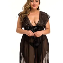 Пижамы размера плюс, женские сексуальные пижамы с глубоким v-образным вырезом, с большим бантом, с открытой спиной, мягкая кружевная сетчатая юбка Babydoll со стрингами
